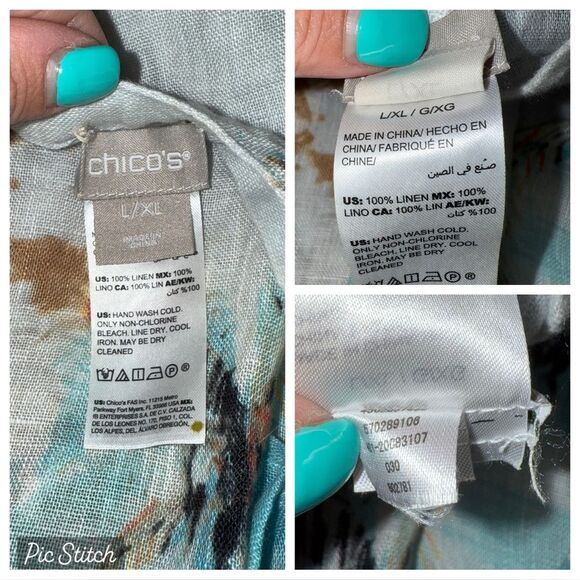 Chico's Scenic Ocean 100% Linen Caftan Blouse Top Beachy Tropical Poncho L/XL - Picture 10 of 10